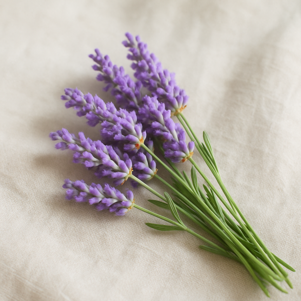 Soft purple lavender flowers in a small bundle on a neutral linen cloth
