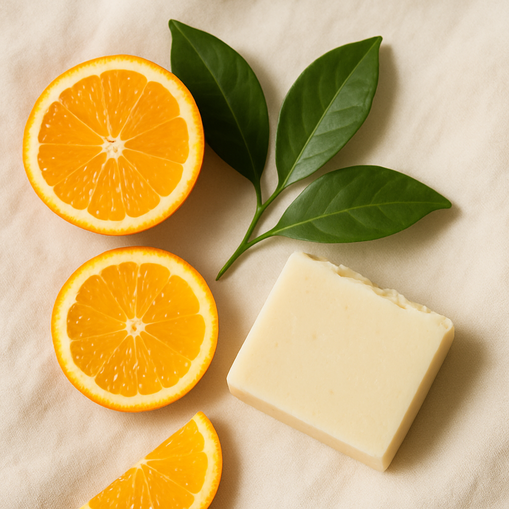 Sweet Orange botanicals with sliced oranges and glossy leaves