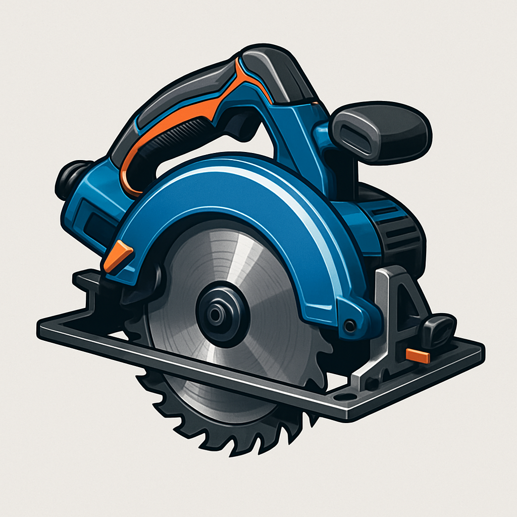 Modern illustration of a circular saw with blue and orange accents