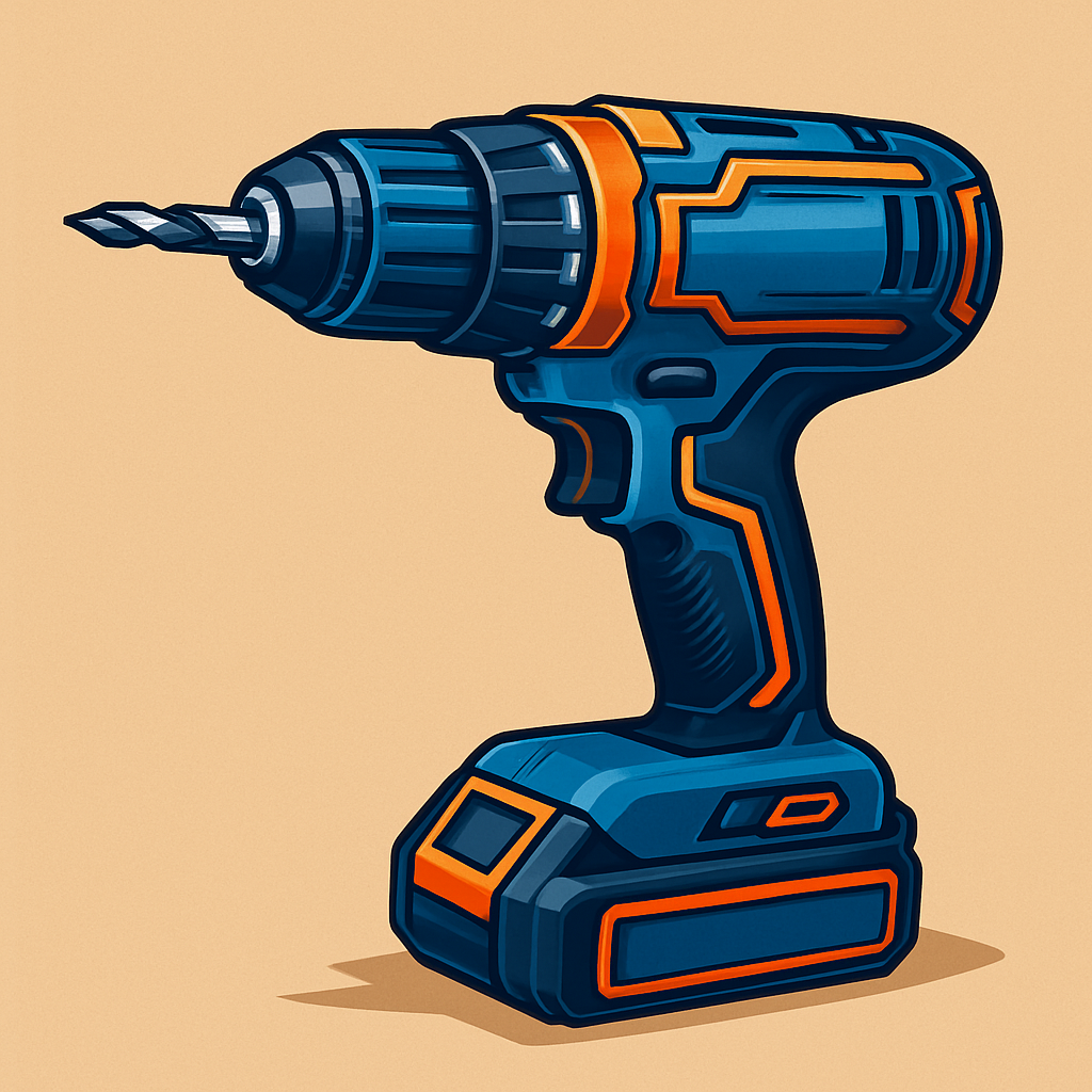 Modern illustration of a cordless drill with blue and orange accents