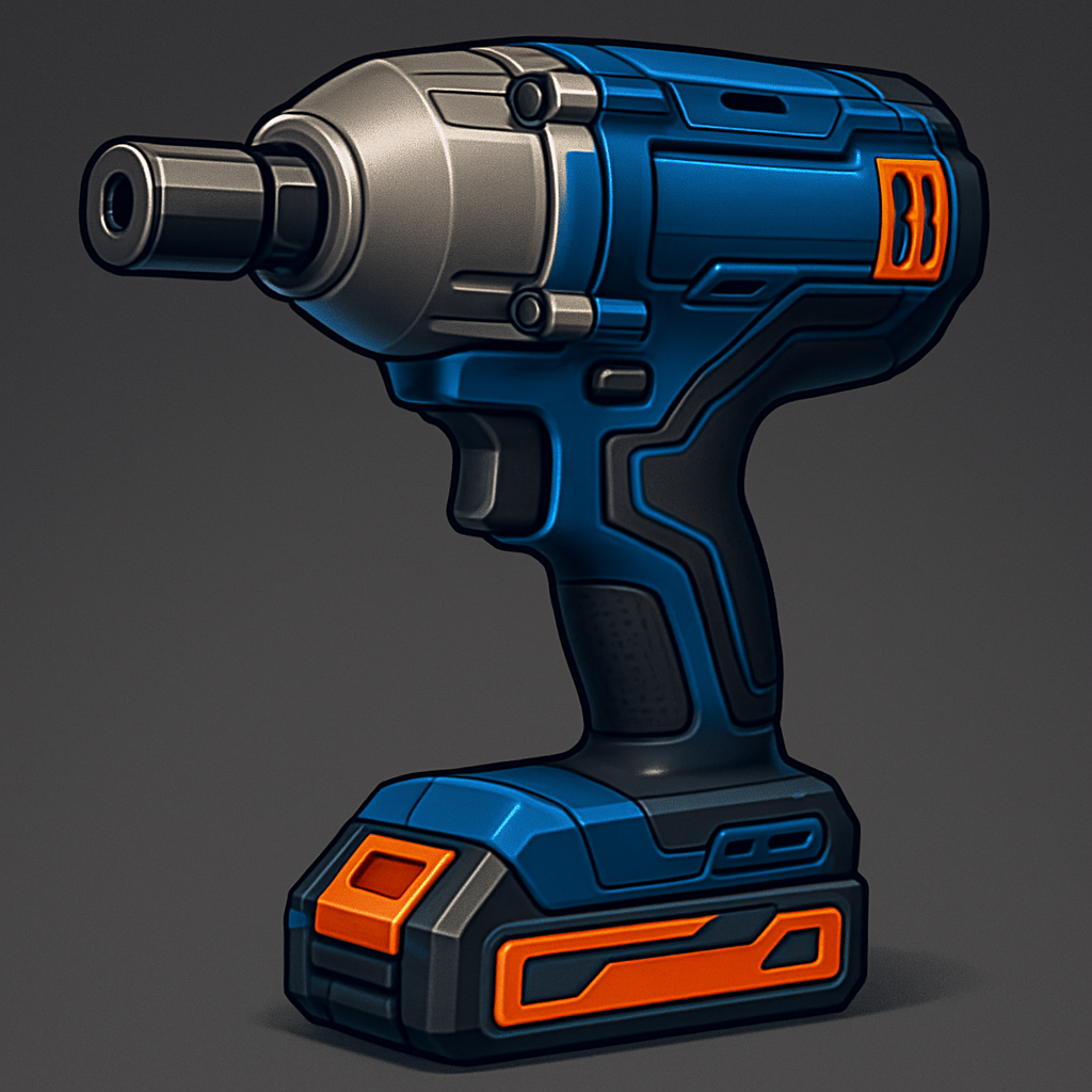 Modern illustration of an impact wrench with blue and orange accents