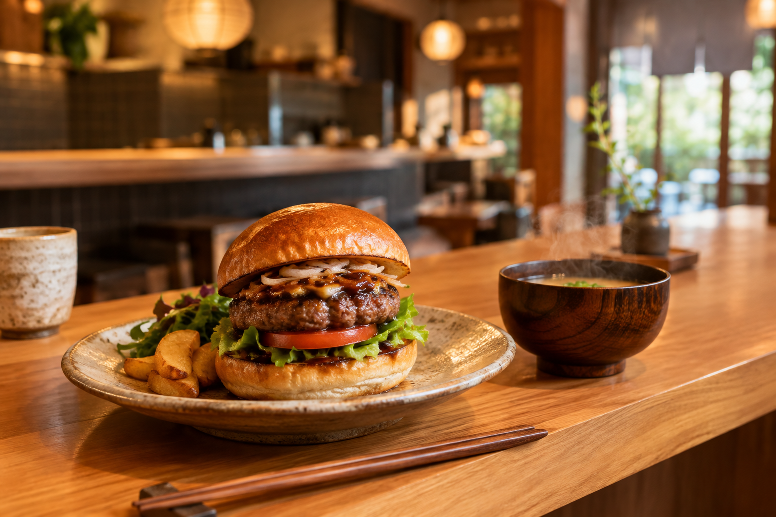 木のカウンターに和風バーガーと湯気の立つ汁物が並ぶ、落ち着いた店内の雰囲気