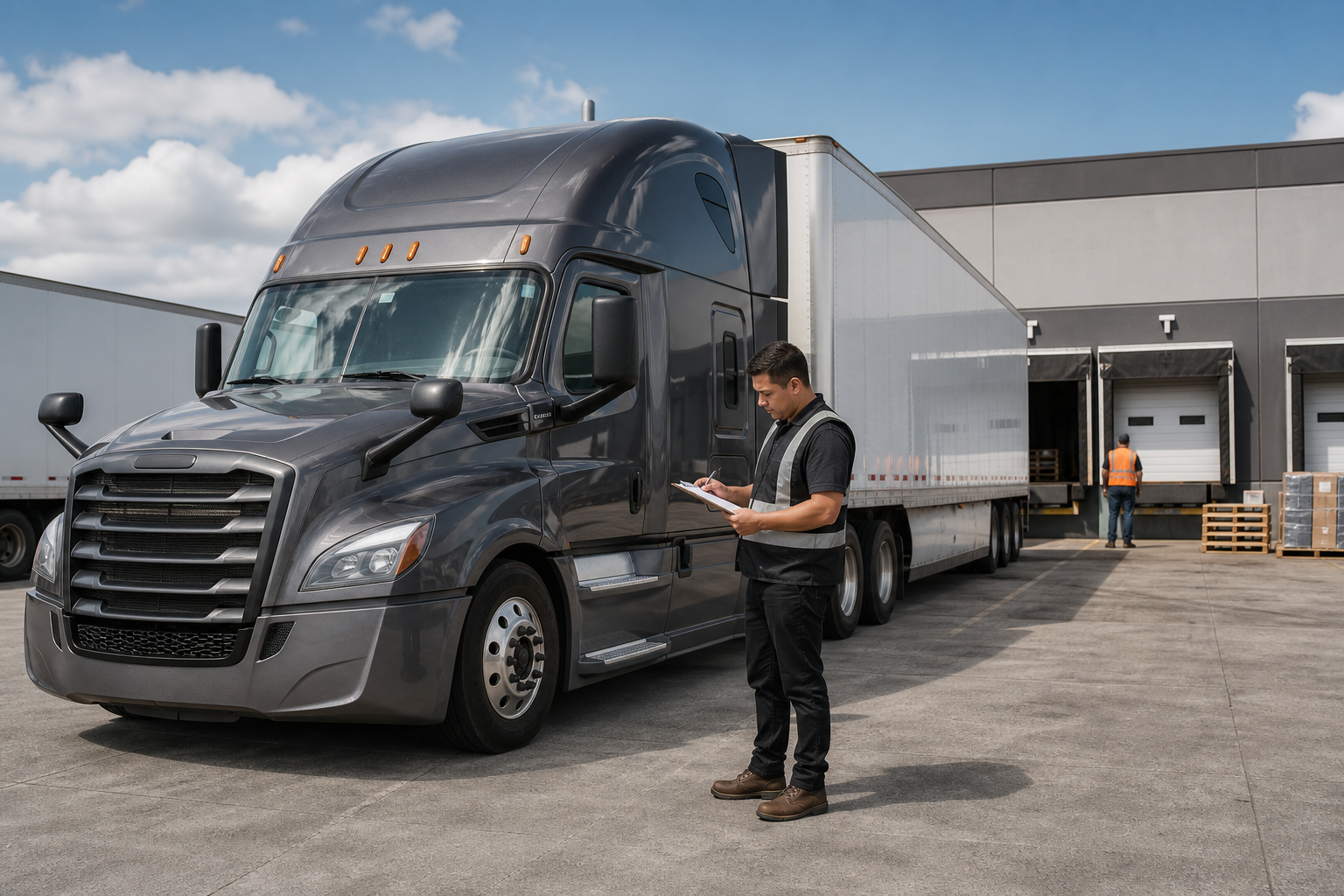 Professional freight truck parked at a distribution terminal with a dispatcher reviewing route paperwork beside the cab