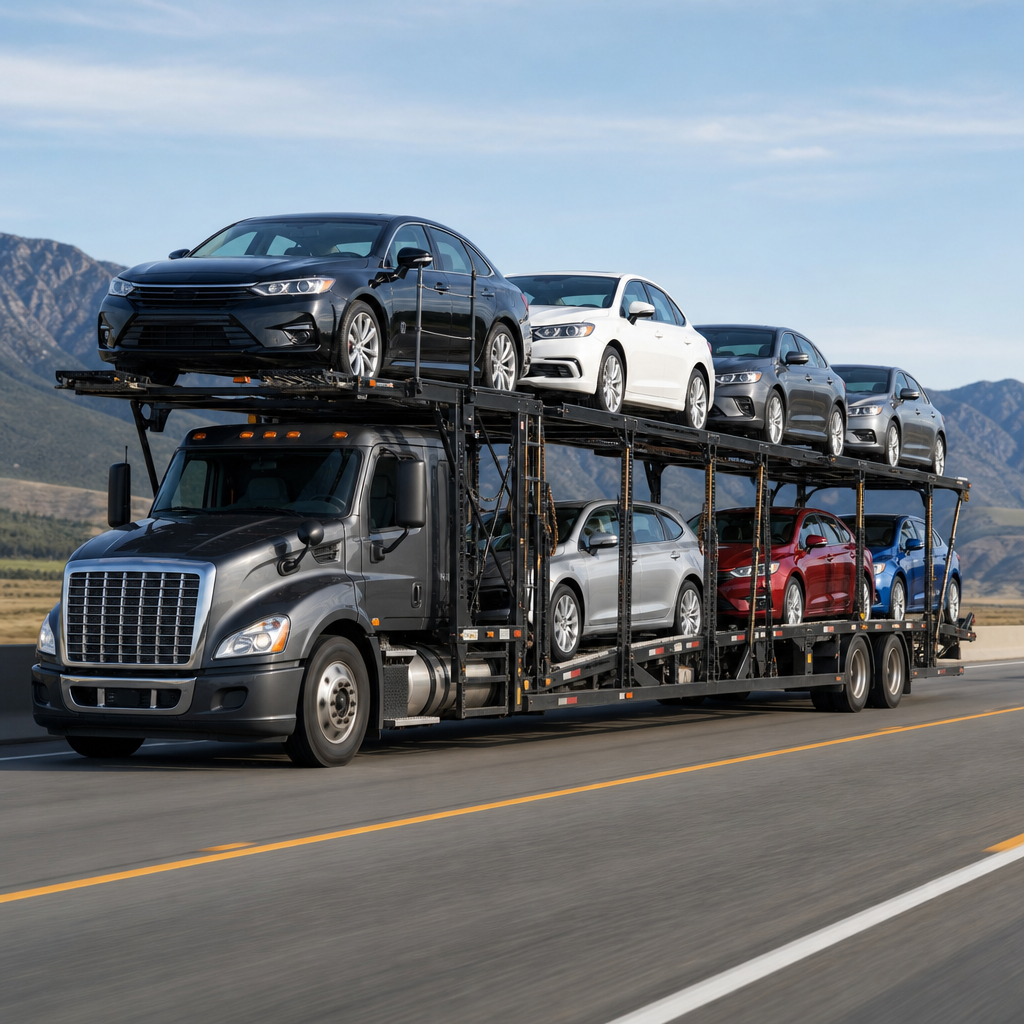 Multi-level car hauler semi-truck carrying sedans on an auto transport route