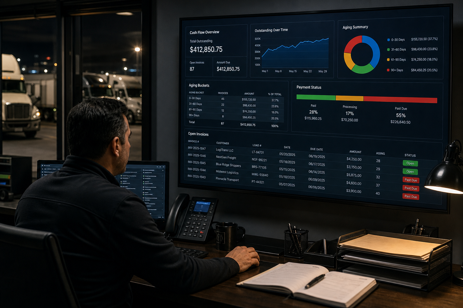 Operations manager tracking open invoices and payment aging timeline on a logistics dashboard, representing billing follow-up and cash-flow monitoring