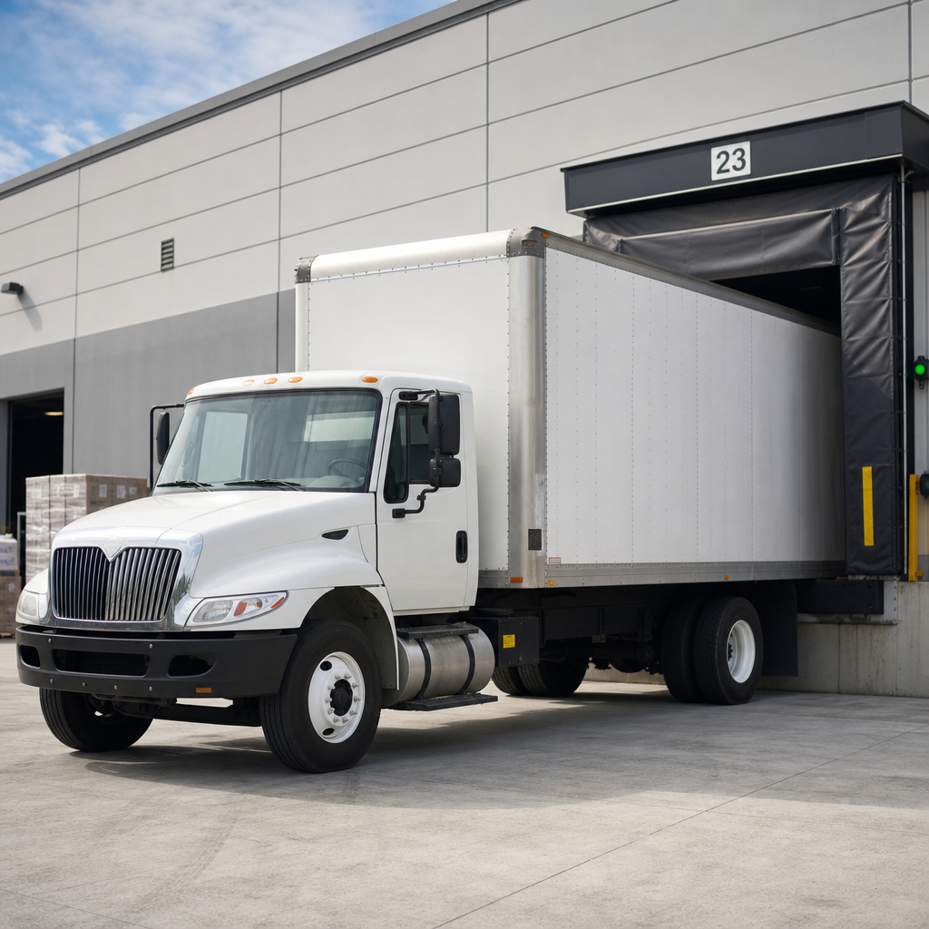 White medium-duty box truck parked at a freight dock with warehouse doors in the background