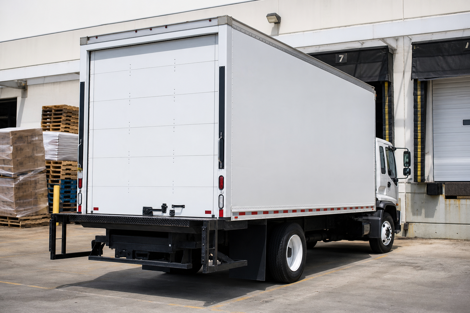Twenty-six foot box truck at a warehouse loading bay