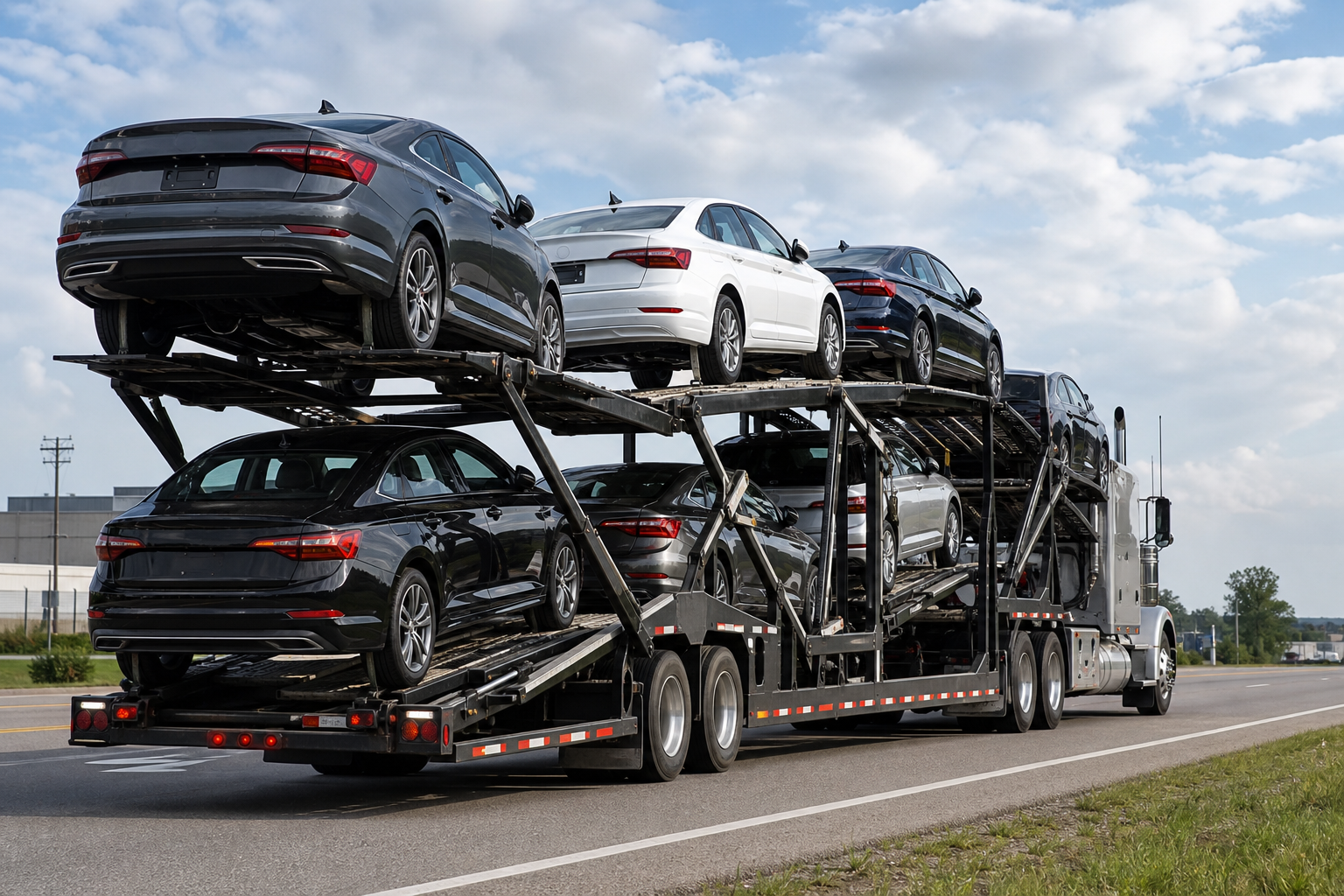 Multi-car transport trailer carrying sedans on upper and lower decks
