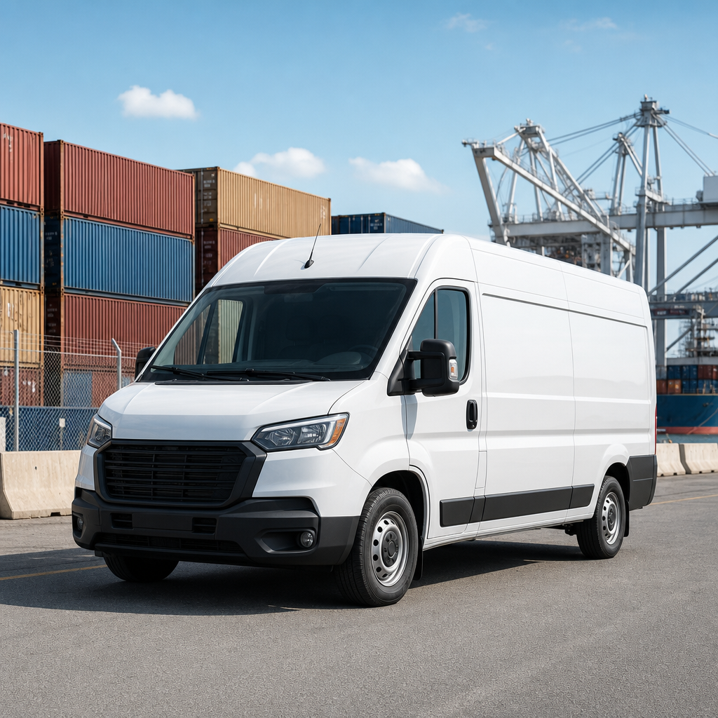 Long-wheelbase white cargo van staged near a shipping terminal for expedited loads