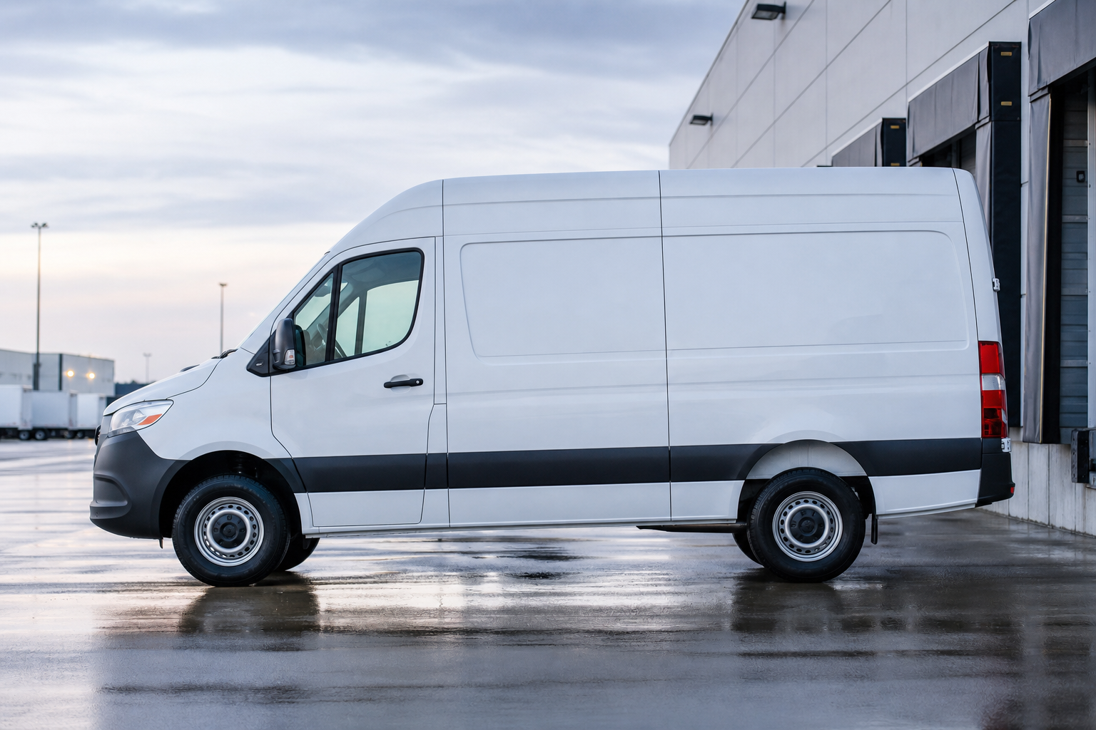 White high-roof cargo van parked at a distribution dock