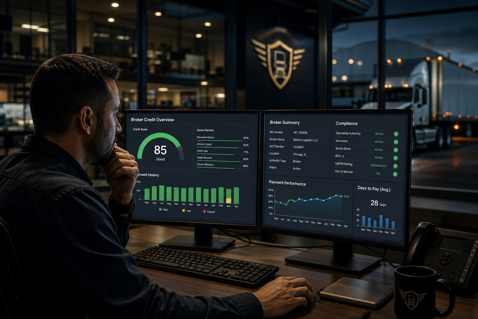 Logistics credit analyst reviewing broker scorecards and payment history on dual monitors with verification notes, signaling trust screening before load acceptance