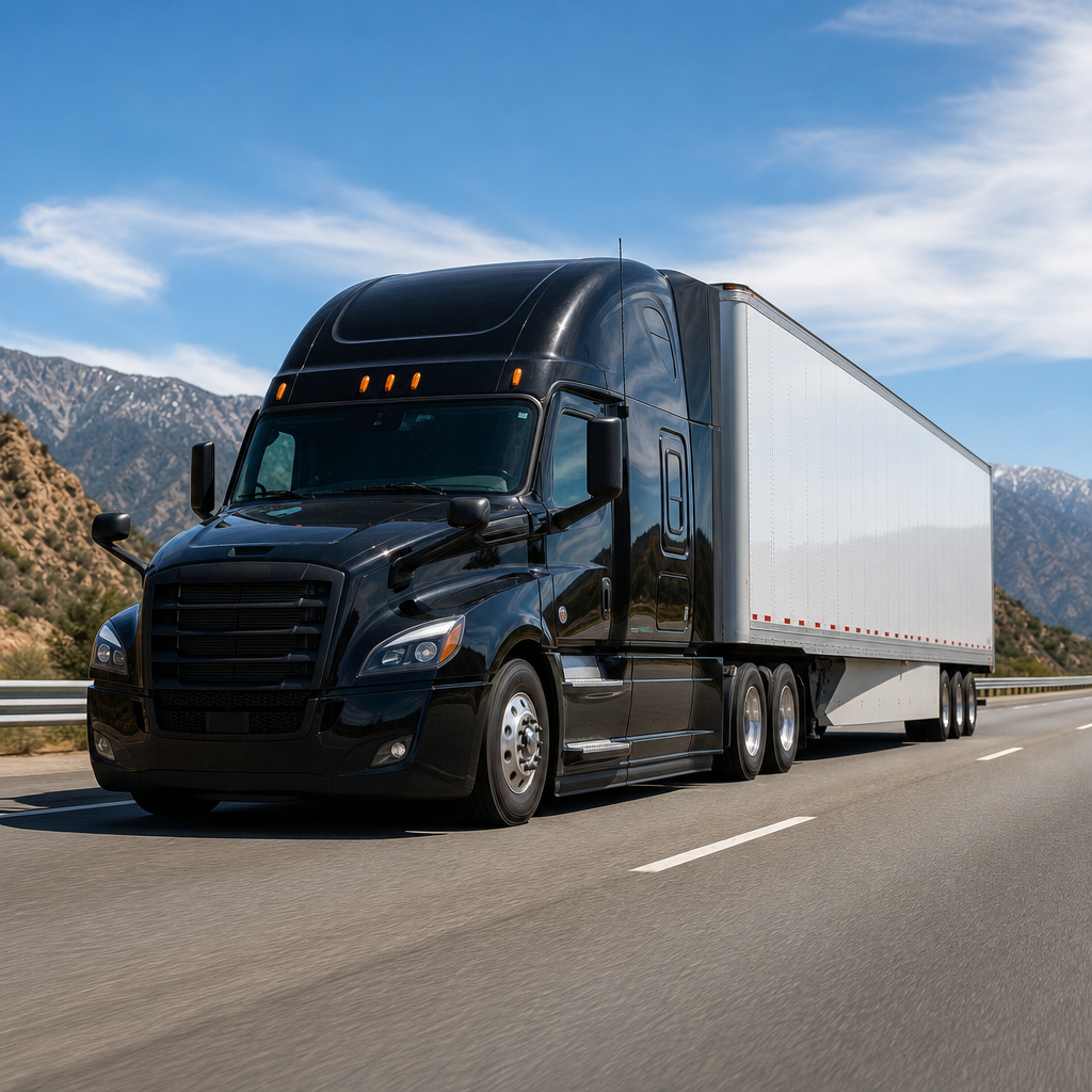 Class 8 semi-truck hauling a long white dry van trailer through a distribution corridor