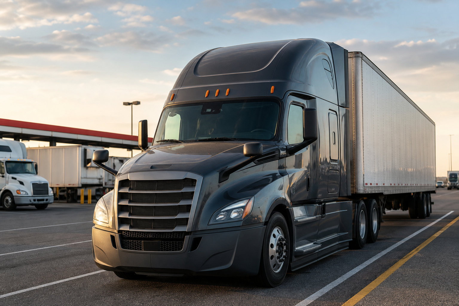 Sleeper tractor and dry van trailer staged in a truck stop lot