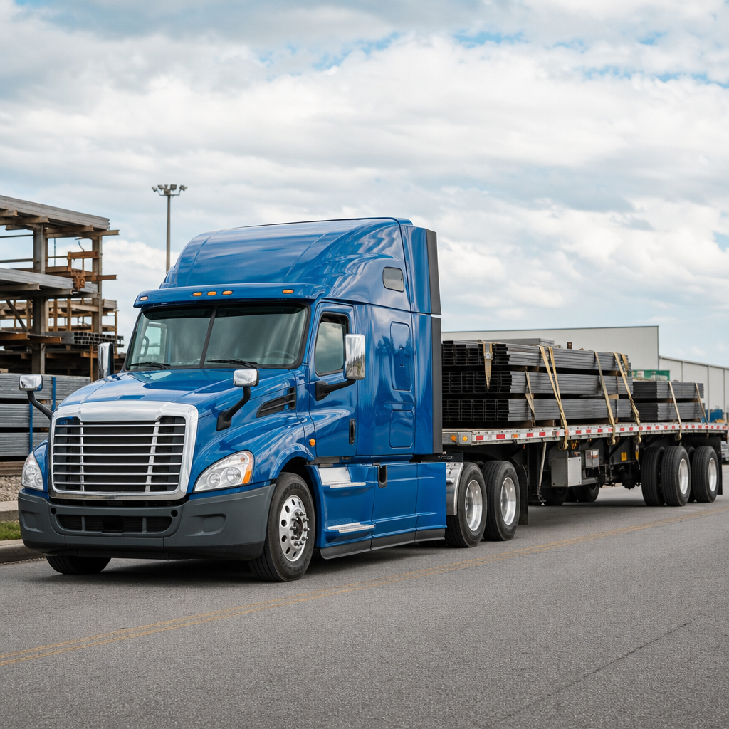 Blue semi-truck pulling an open flatbed trailer loaded with secured steel bundles