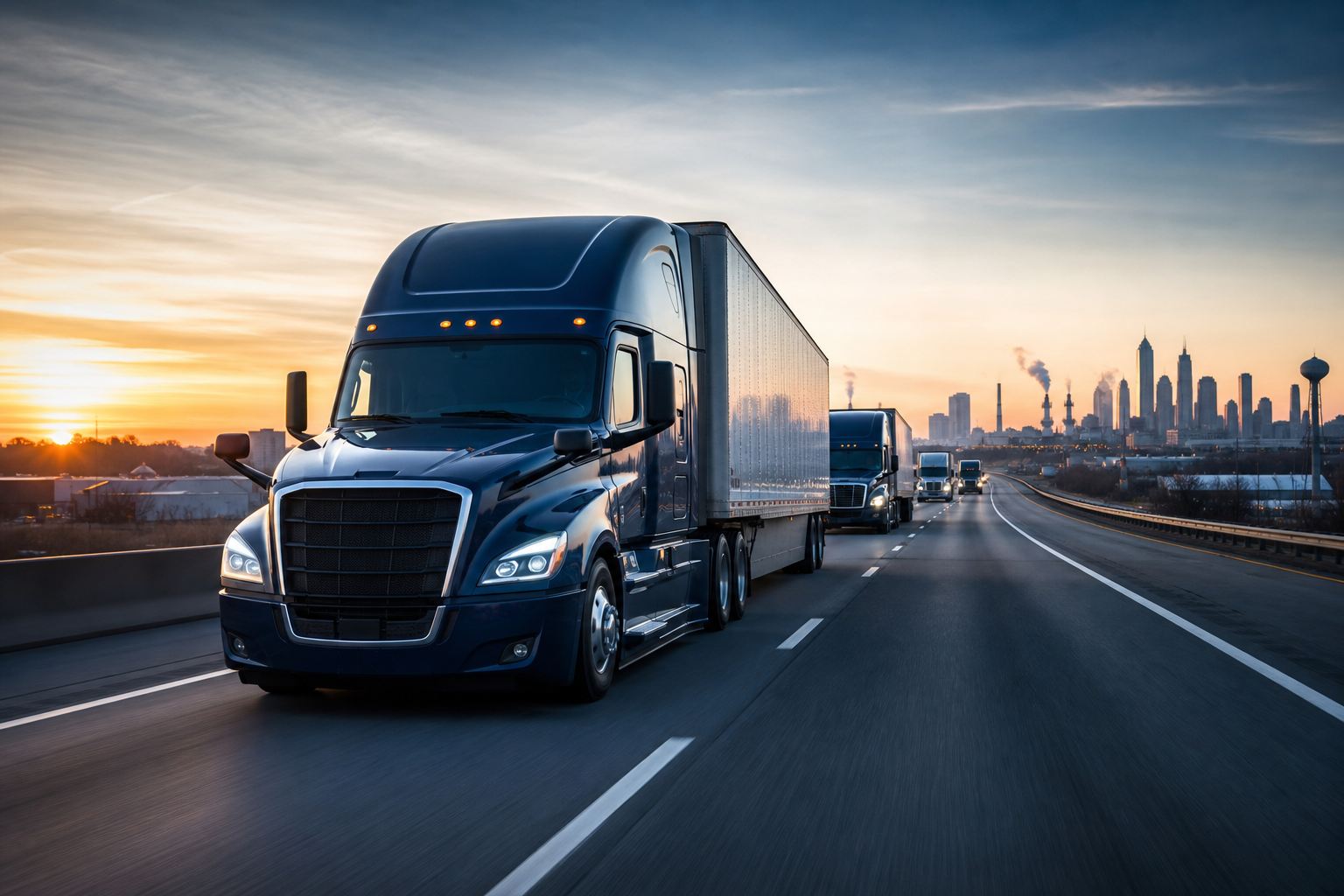 Realistic fleet semi-truck driving on an interstate at early morning with dispatch route overlays and logistics atmosphere