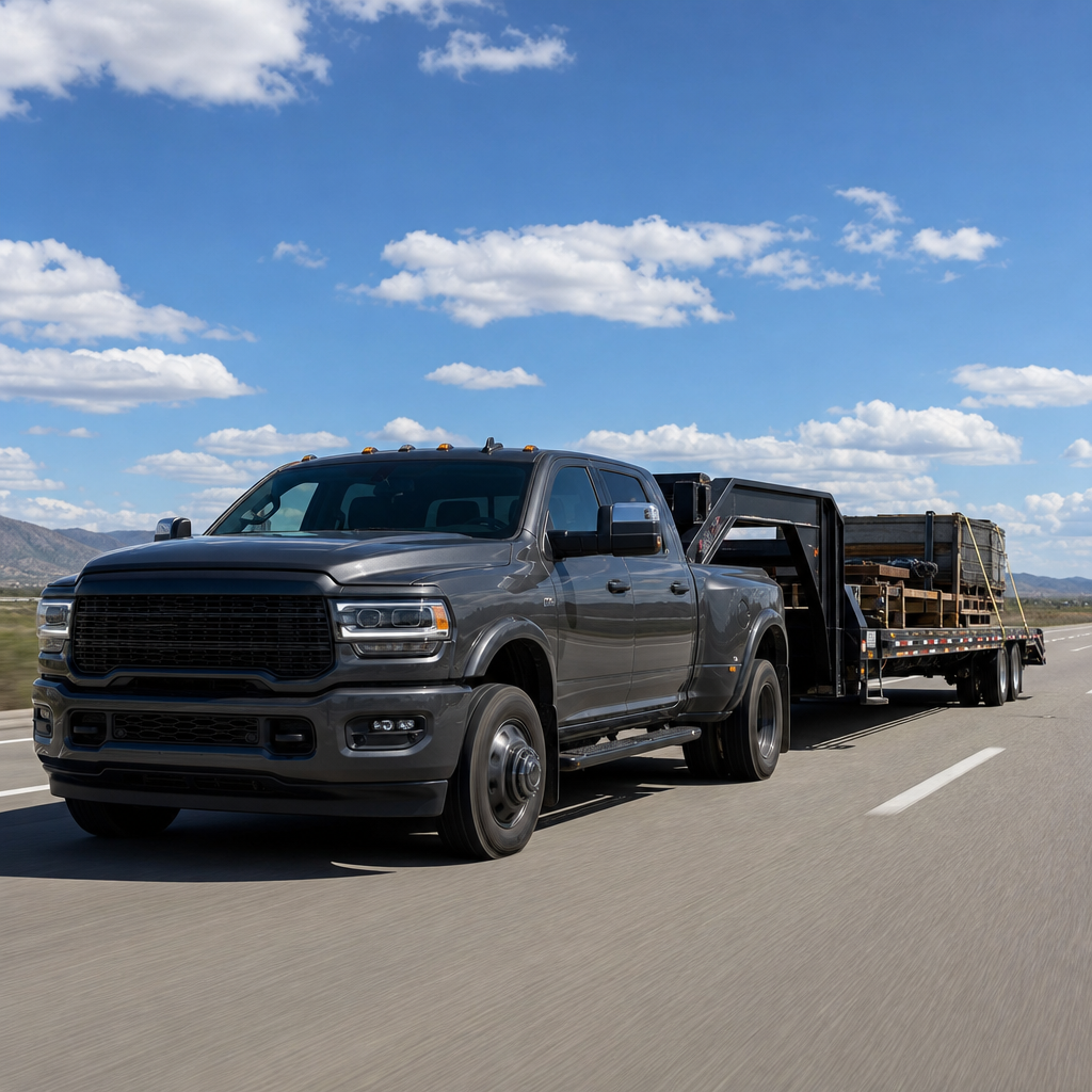 Heavy-duty pickup truck pulling a gooseneck flatbed hotshot trailer on an interstate lane