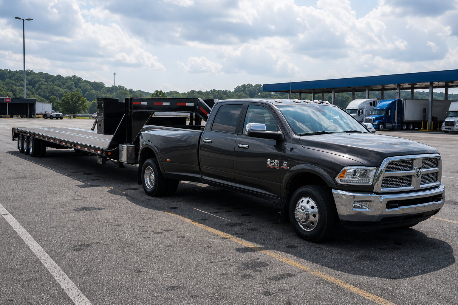 One-ton pickup pulling a long gooseneck hotshot trailer