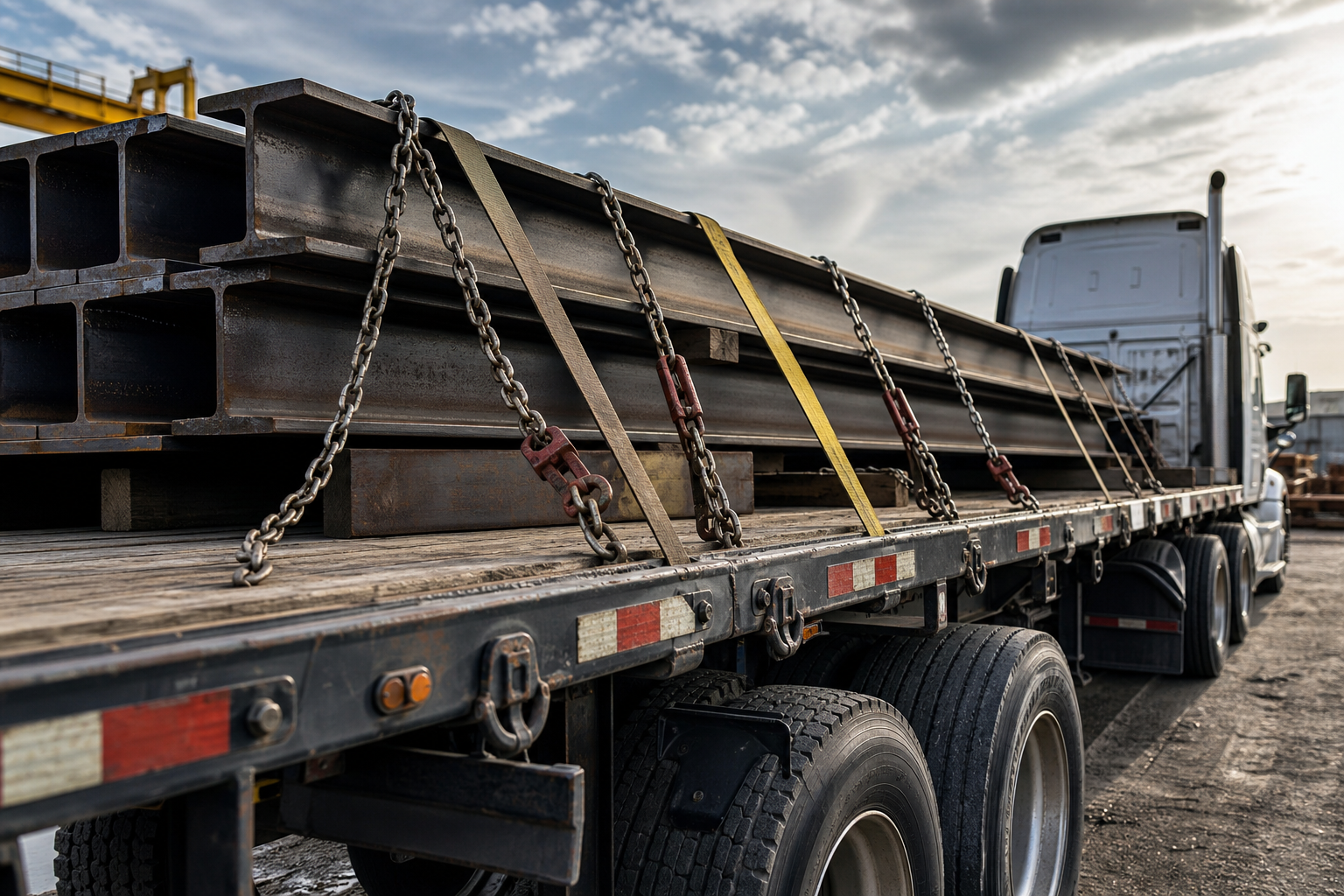 Blue flatbed trailer secured with industrial steel loads