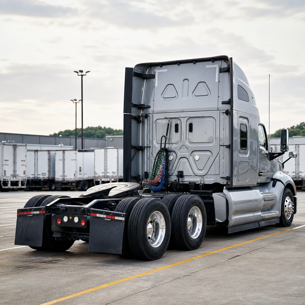 Standalone highway tractor unit without trailer waiting in a truck yard dispatch lane
