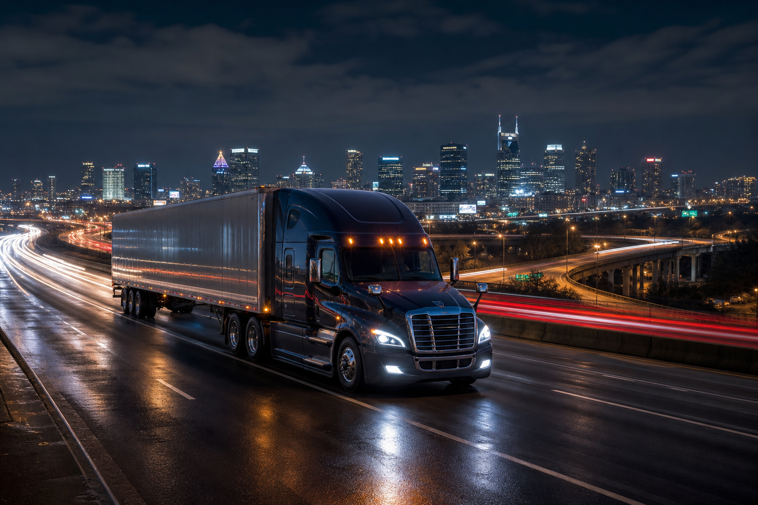 Nighttime freight corridor with a modern semi truck in motion and highway light trails, conveying premium long-haul lane strategy and rate negotiation focus