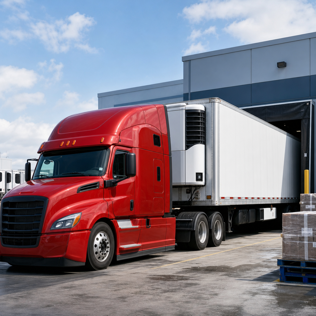 Red semi-truck with a refrigerated trailer parked at a cold-chain loading facility