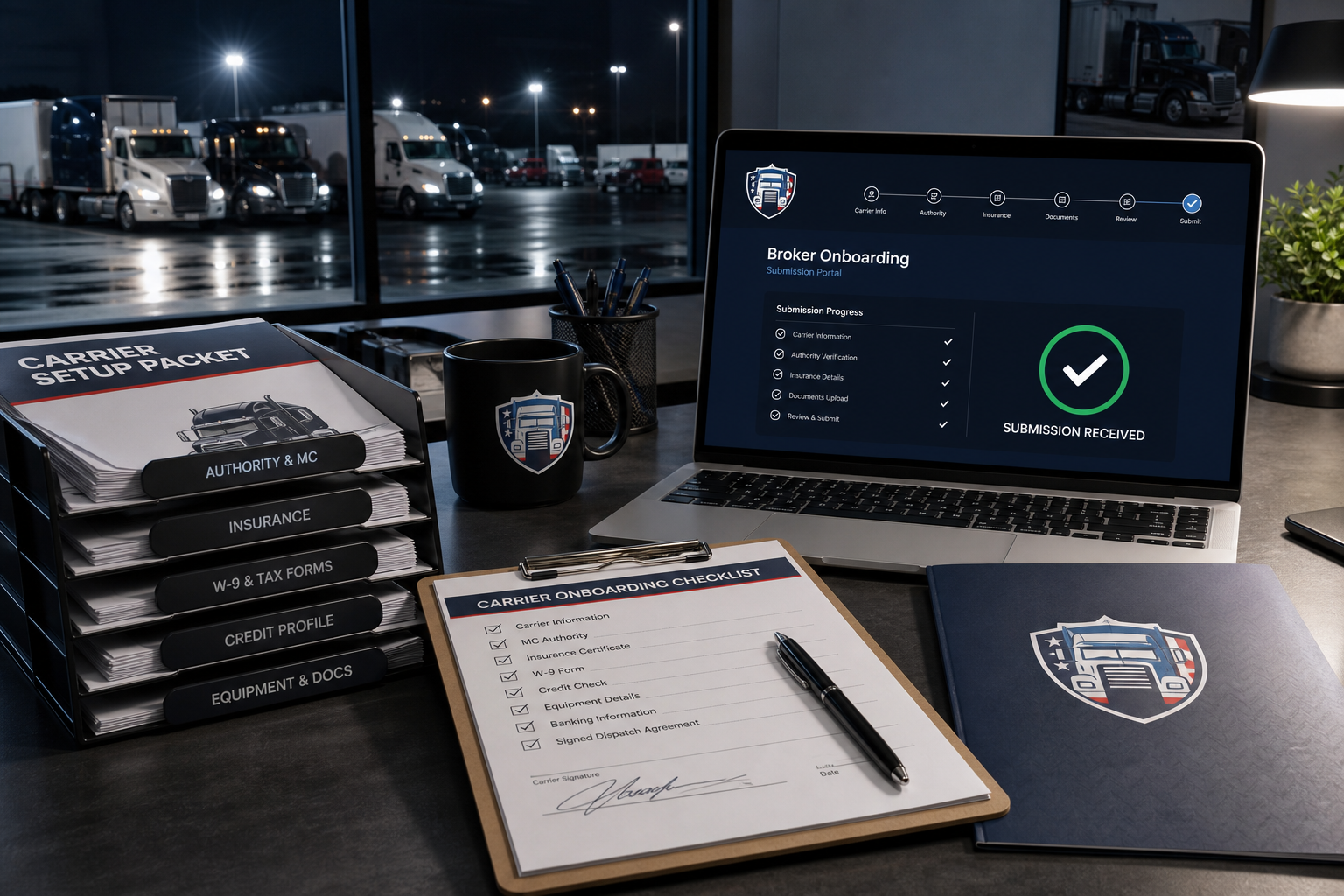 Dispatcher desk with organized carrier setup documents, clipboard checklist, and laptop submission portal open, representing fast broker packet processing