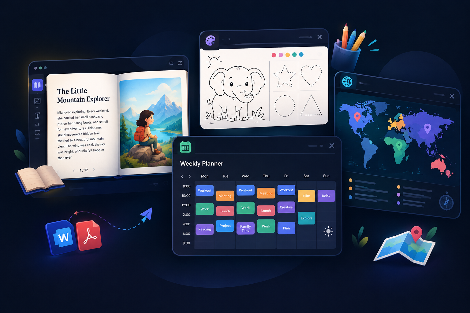 Dark product collage showing ebook pages, kids activity sheets, planner layouts, and a world map module in one dashboard