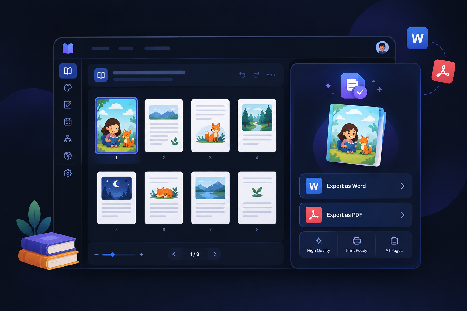 Polished output dashboard showing page previews with Word and PDF export handoff controls