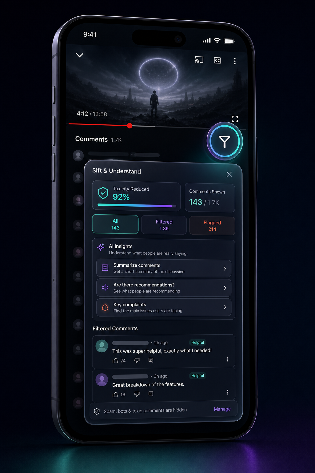 Mobile app mockup showing YouTube video playback with a floating action button and a comment filtering dialog highlighting reduced toxicity and AI insights