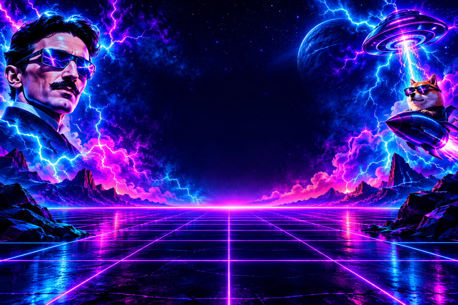 Horizontal sci-fi meme banner placeholder with neon grid horizon, electric arcs, and space for future campaign text