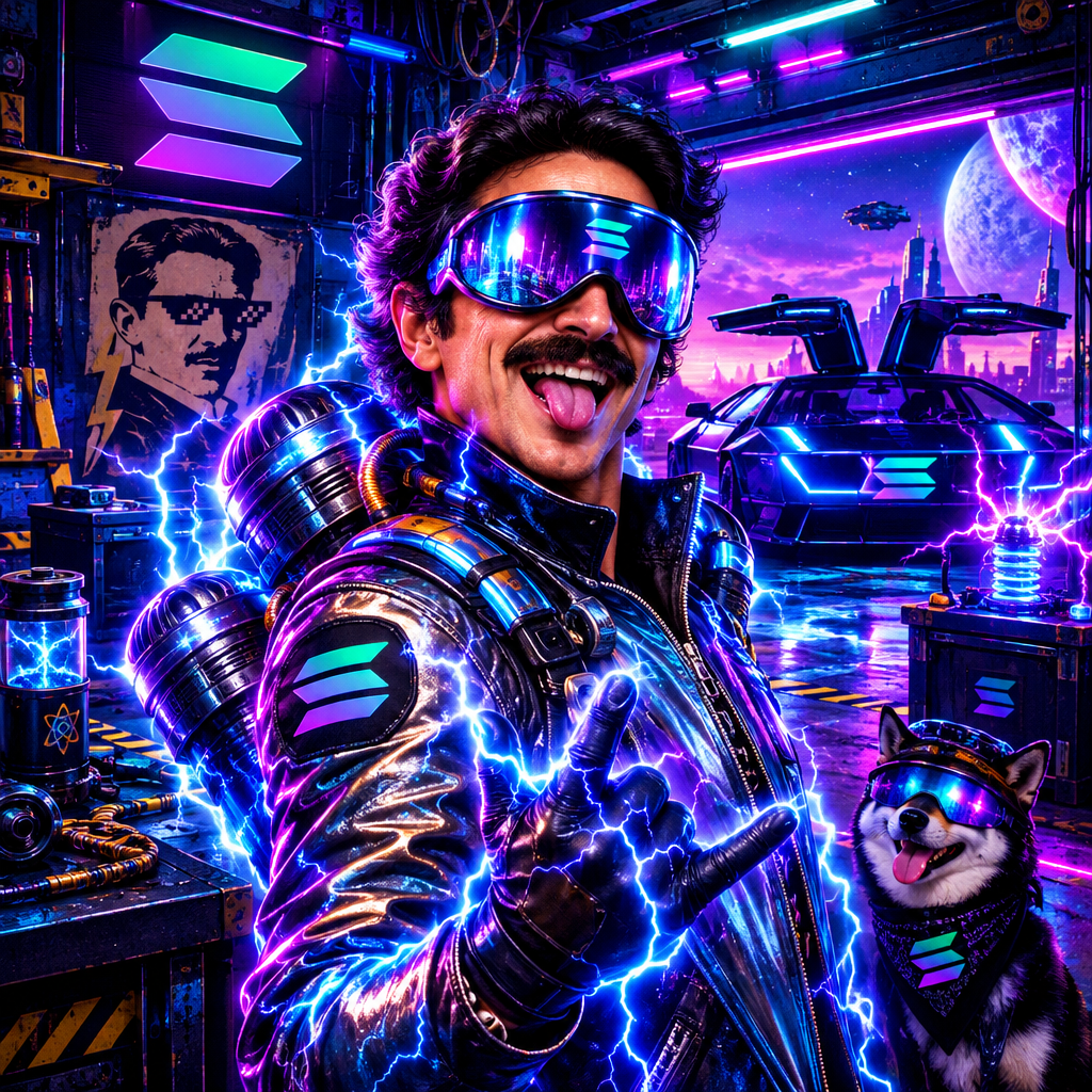 Flying Quantum Tesla character as a neon sci-fi meme pilot with electric arcs, retro visor, and absurd turbo gear in a Solana-style cosmic garage