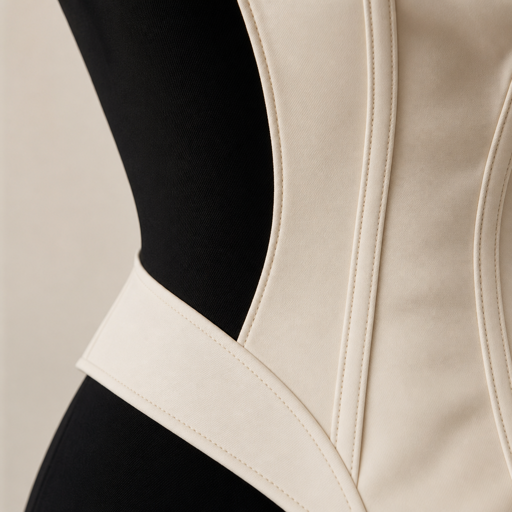 Close crop of architectural seam line and waist-shaping contour