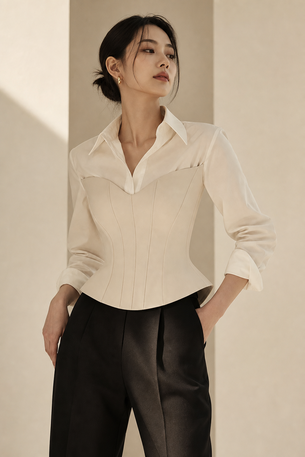 PÍRAG campaign model in a sculpted corset-inspired layered look