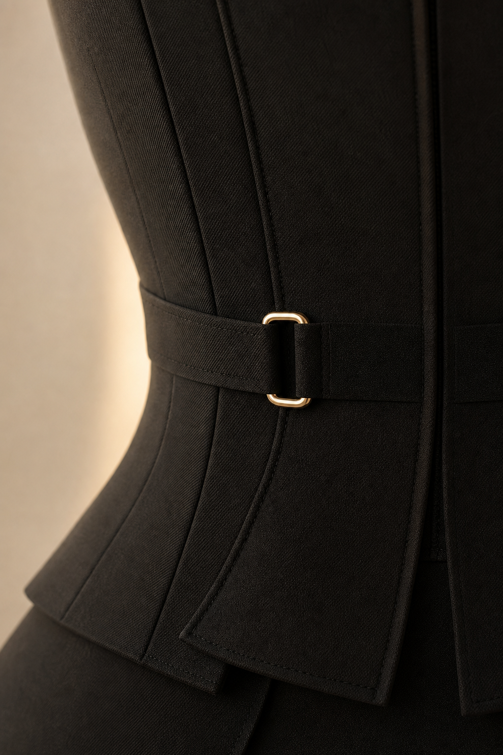 Tailoring detail crop with premium stitching, matte-gold hardware accent, and refined black fabric texture in soft studio light