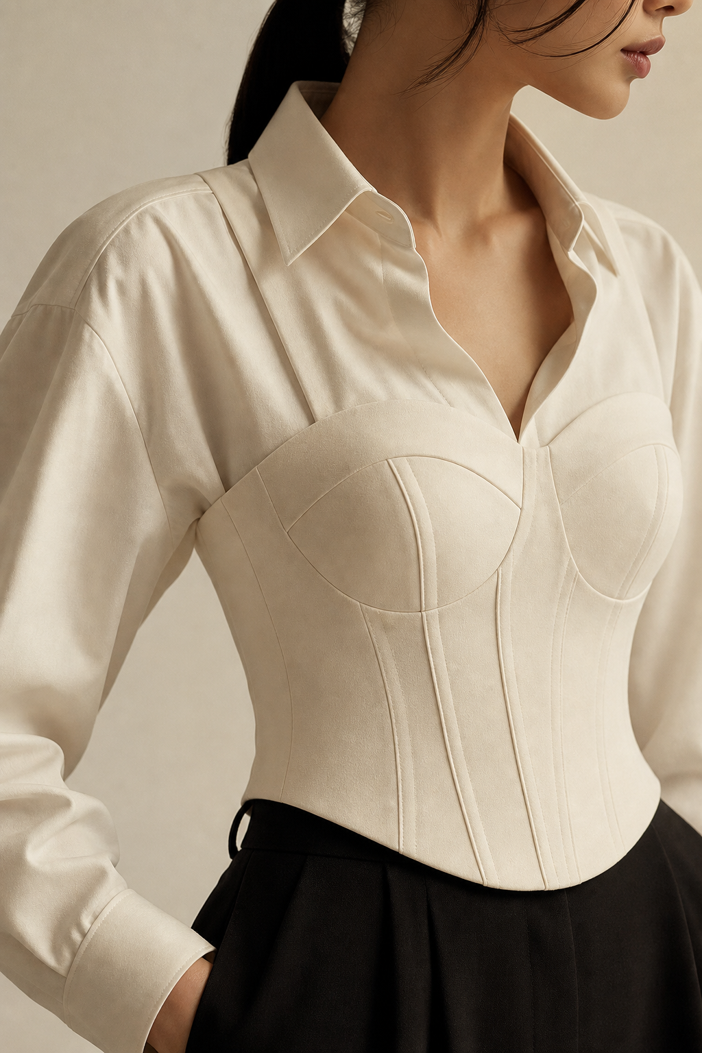 Editorial close-up of a structured ivory corset-inspired fashion layer with clean seam lines and architectural paneling