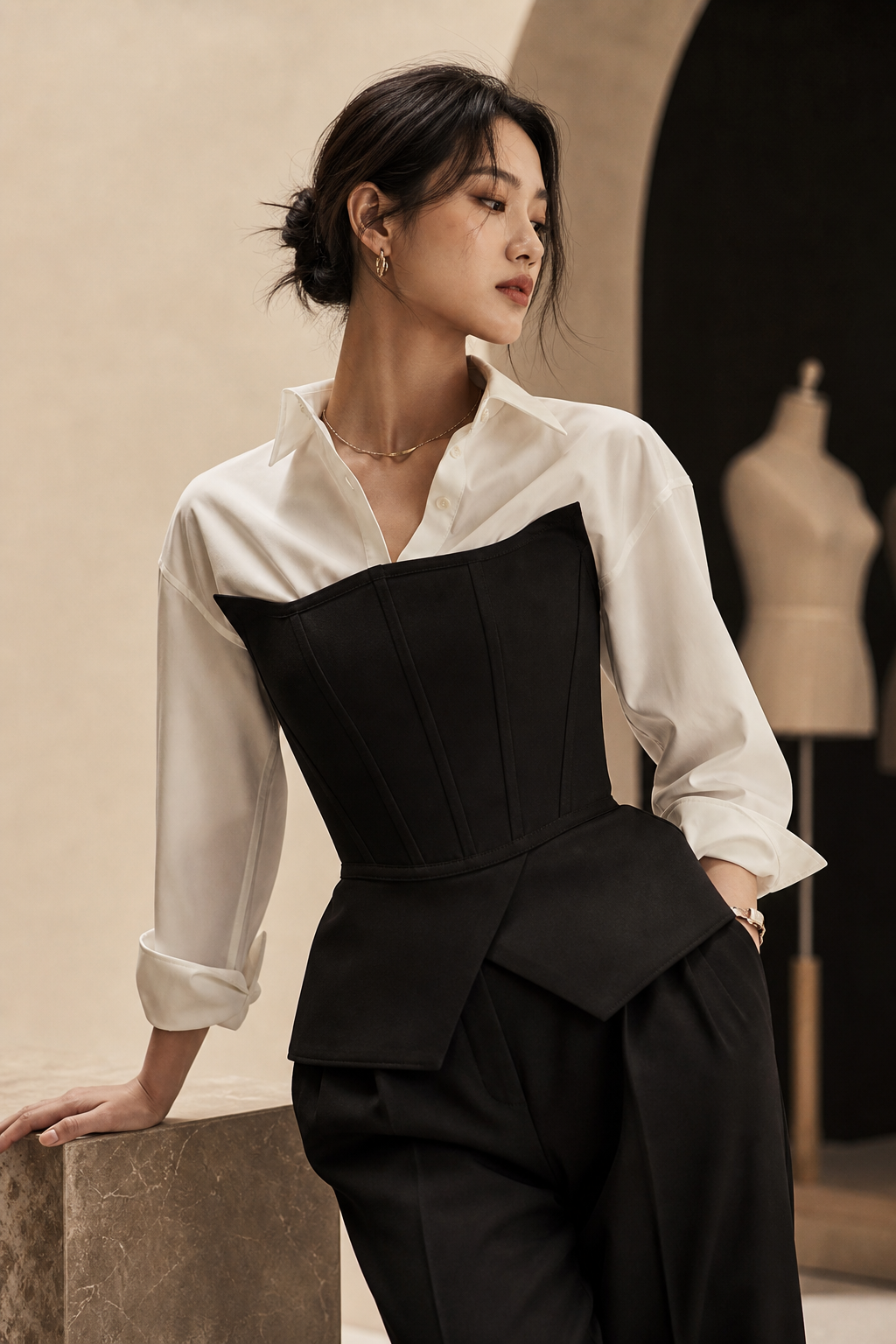 Warm cream-and-black editorial portrait of an East Asian model in a structured corset-inspired fashion look with sharp tailoring and calm luxury styling