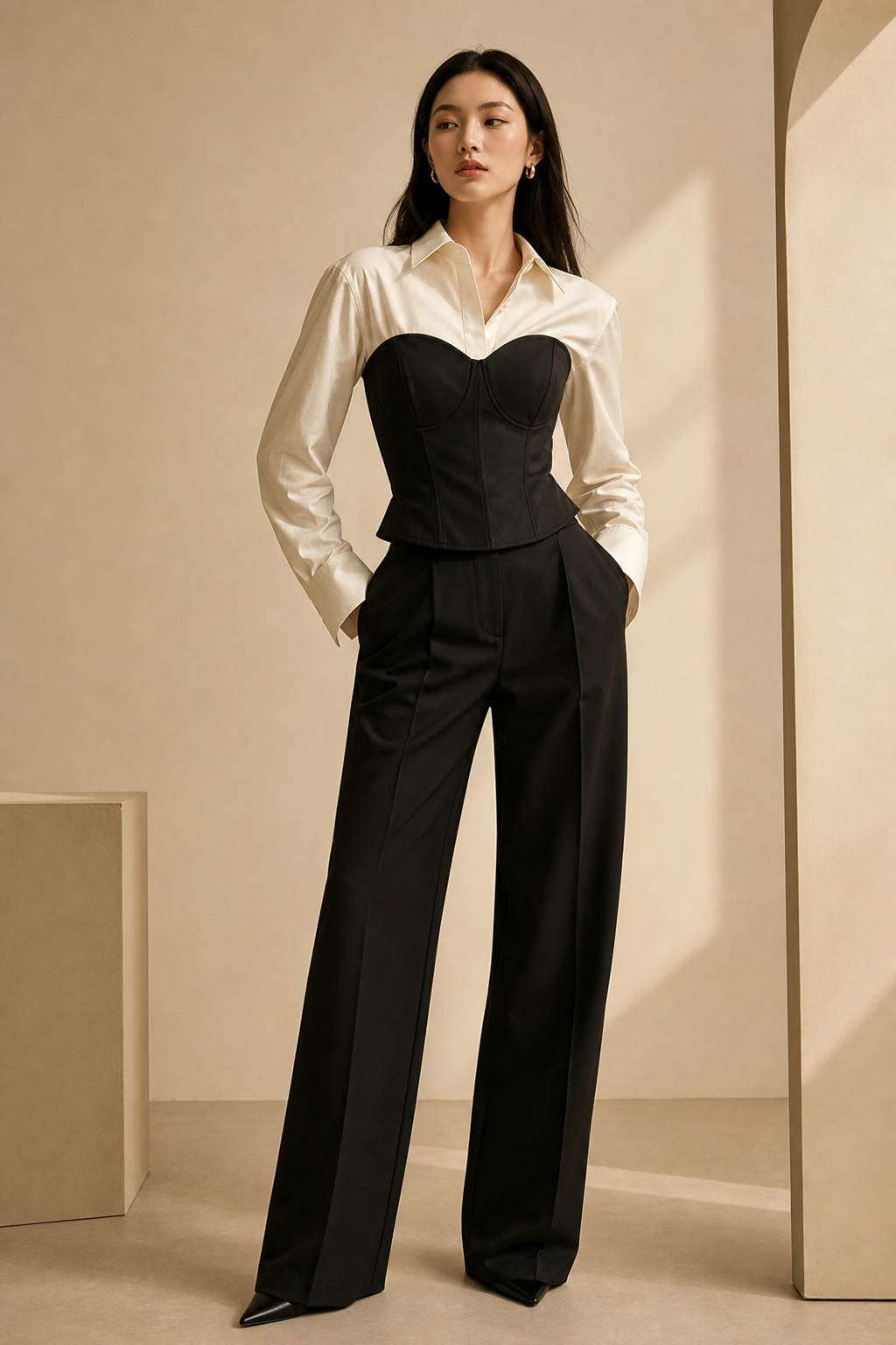 Editorial fashion portrait of an East Asian woman in a black structured corset layered over a cream shirt