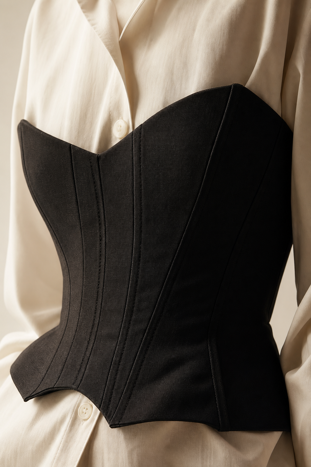 Close-up fashion editorial detail of a structured black corset seam layered over a crisp cream shirt with soft studio lighting