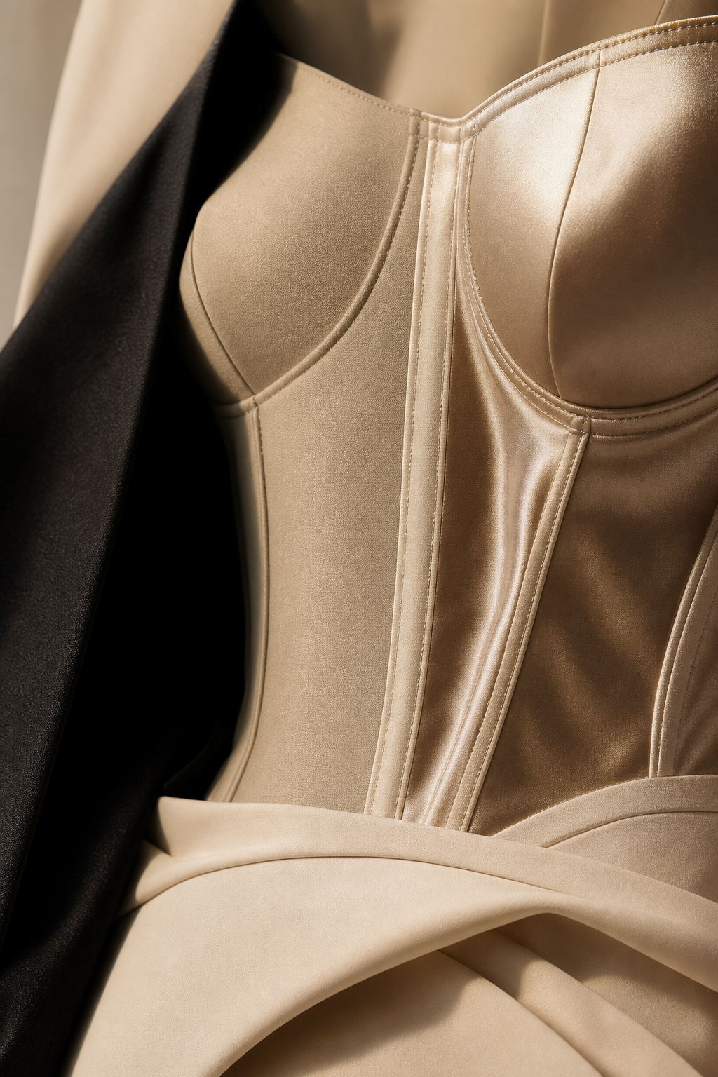 Close-up of premium satin and matte cotton textures on a sculptural corset-inspired bodice with precise seam lines in soft gold-toned studio light