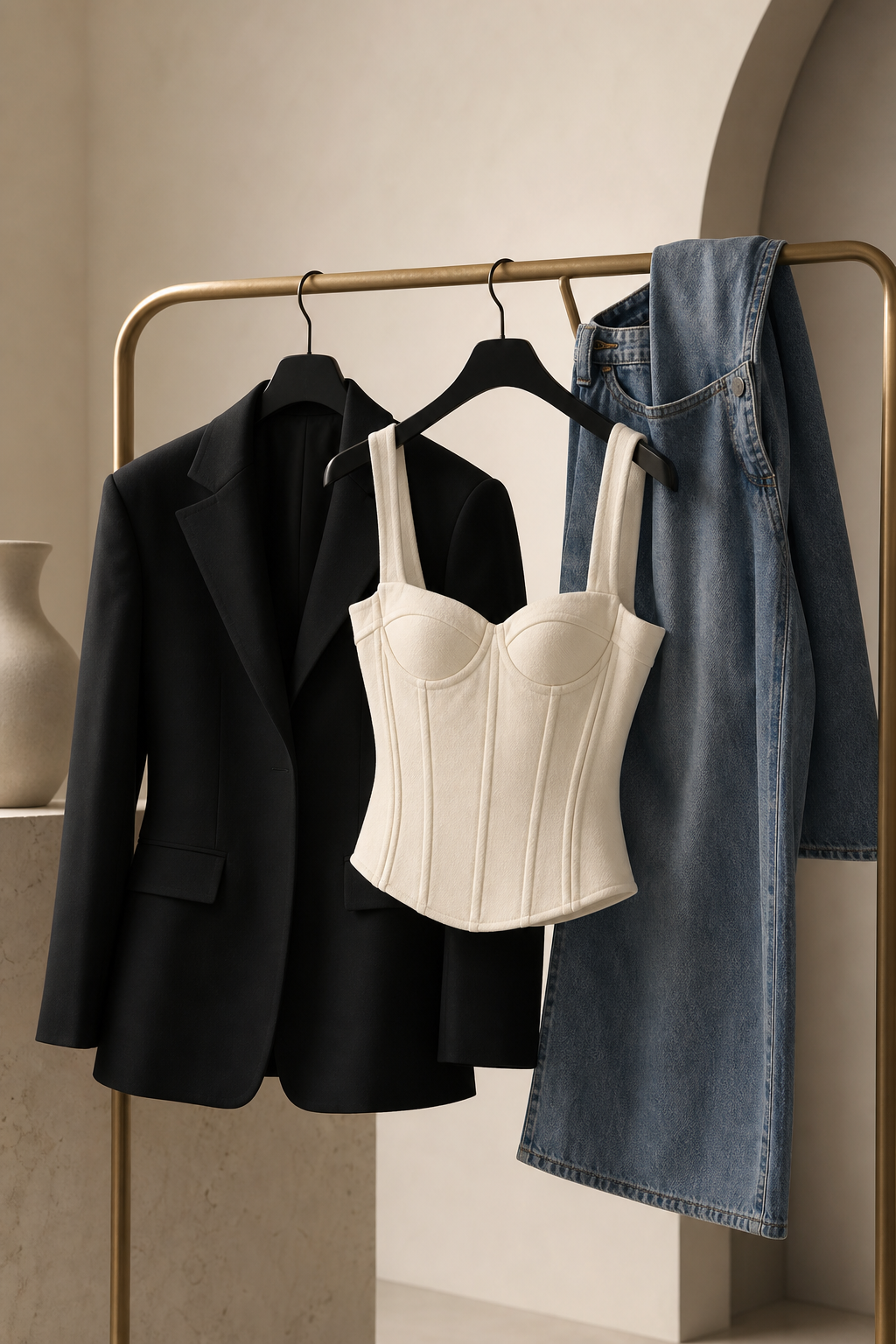 Editorial still life of a black tailored jacket draped over a corset-inspired cream top and relaxed denim on a minimalist garment stand