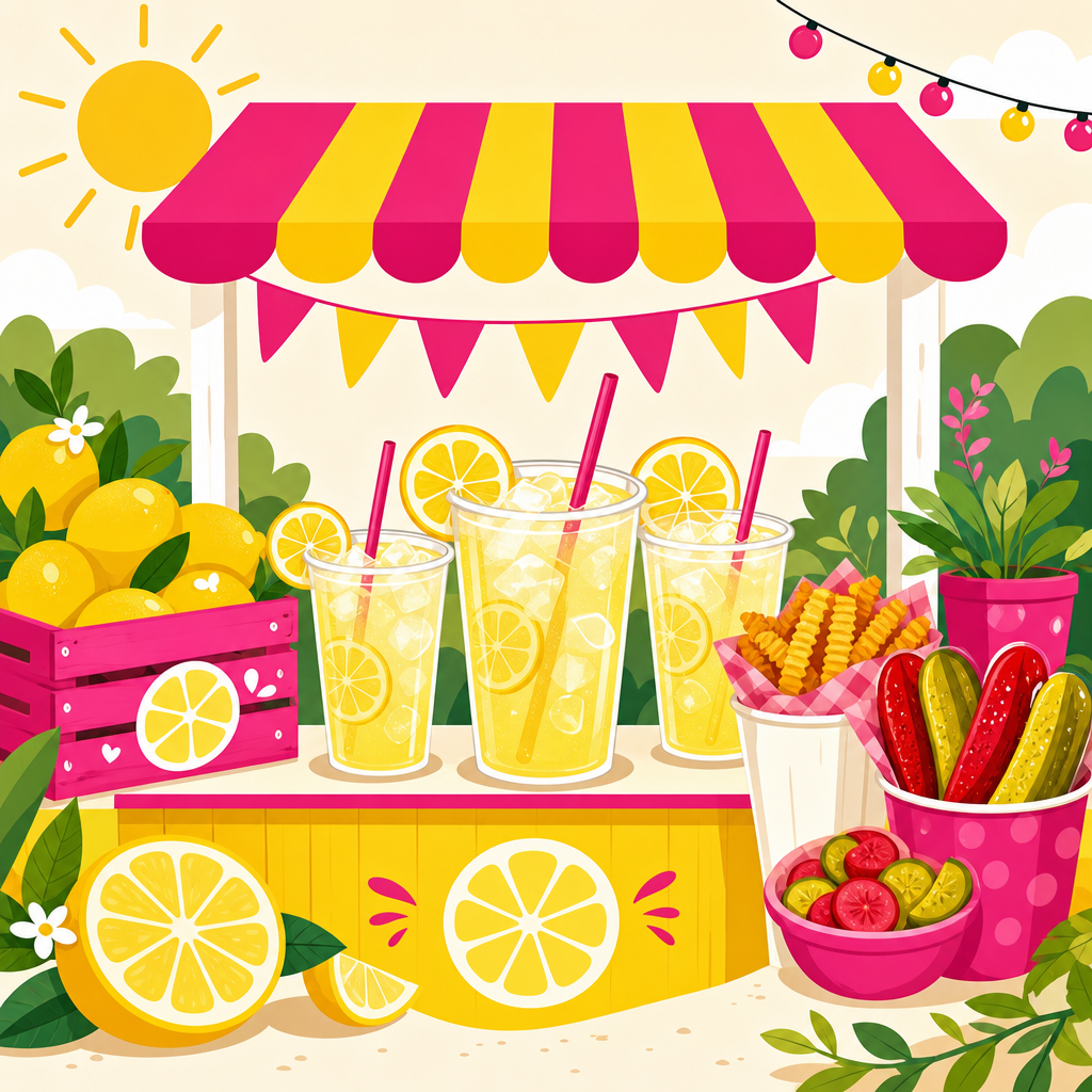 Flat illustrated spread of lemonade cups with ice, citrus slices, and colorful handheld snack accents on a sunny picnic setup