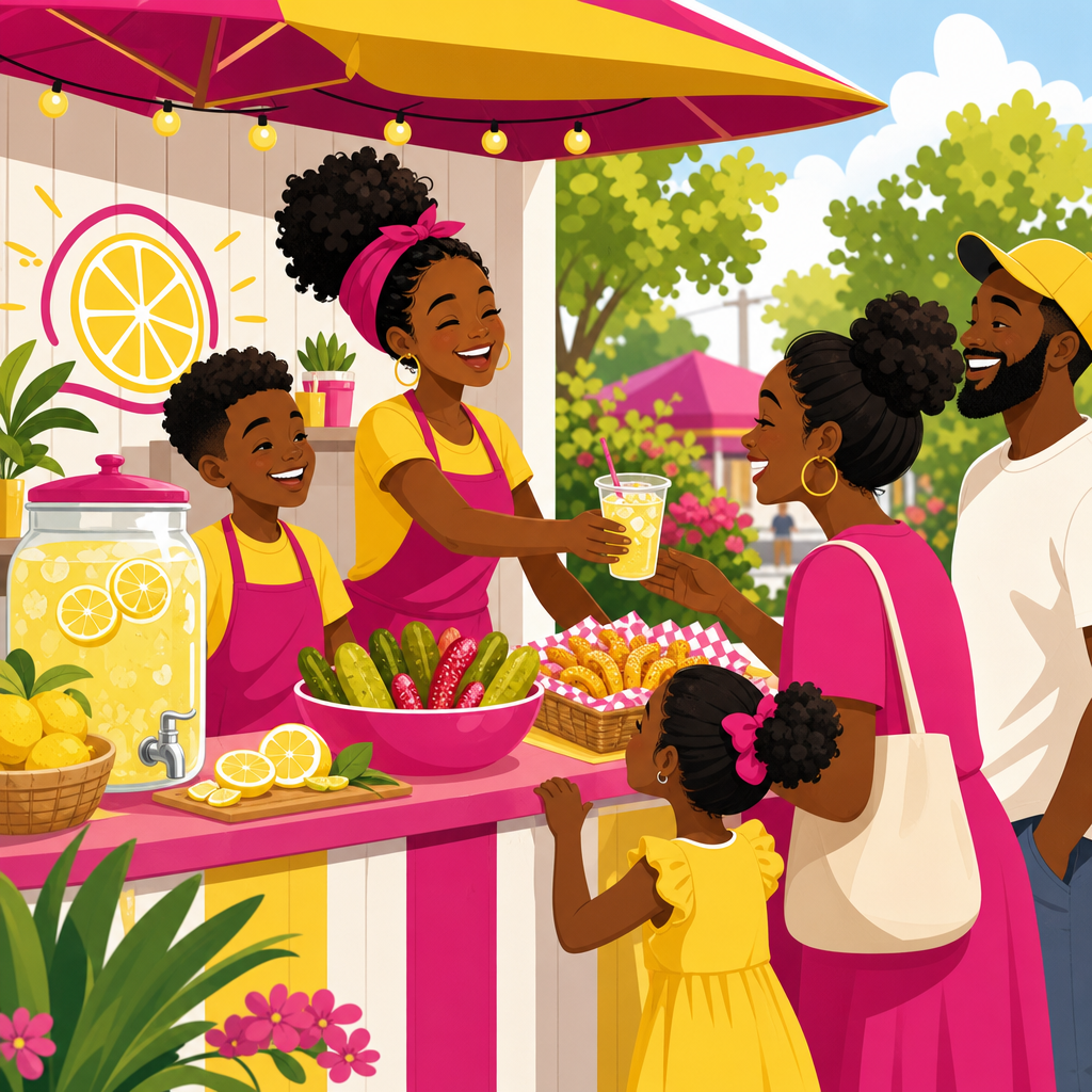 Flat illustration of a lemonade stand counter with fresh lemon slices, a clear cup of lemonade with ice, bright Kool-Aid pickles, and smiling customers in a sunny outdoor atmosphere