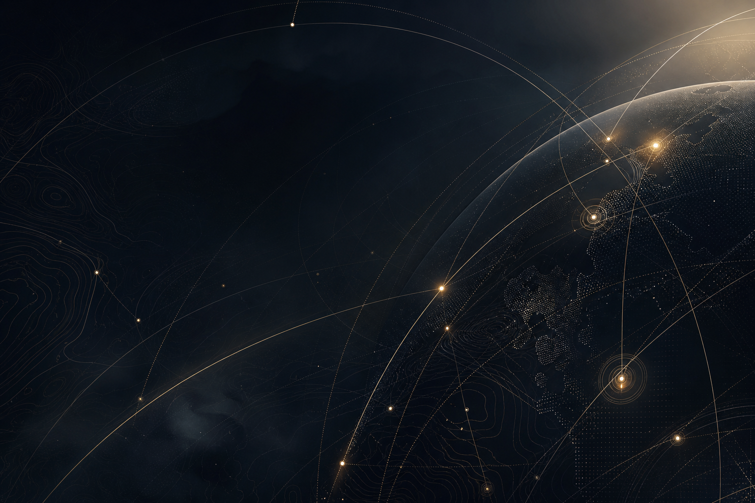 Abstract premium-tech illustration with layered orbital lines, subtle cartographic curves, and luminous asset markers
