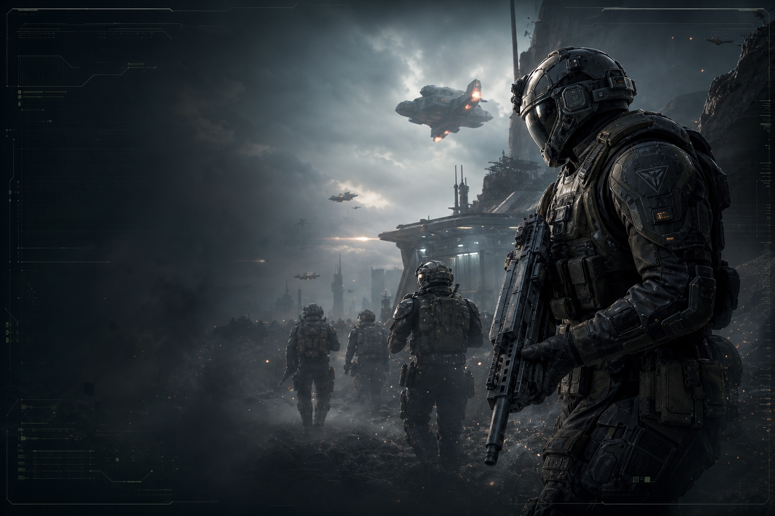 Cinematic grounded futuristic military combat scene with armored pilots, atmospheric haze, tactical lighting, and command-overlay details