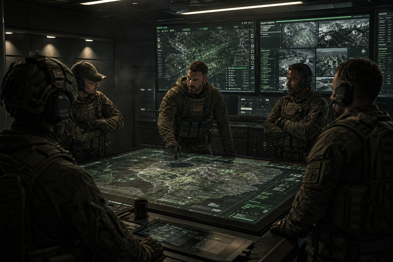 Grounded tactical command-room with squad briefing displays and subtle green data accents