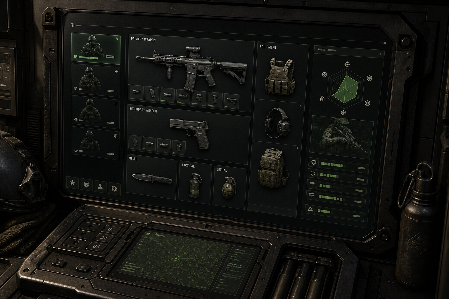 Realistic military-style loadout interface with matte hardware panels, tactical overlays, and disciplined green data lighting
