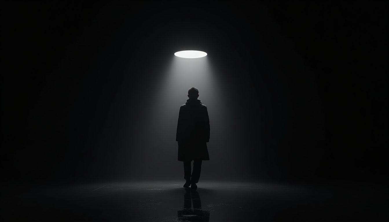 Moody cinematic still featuring a sleek black studio set with warm rim lighting and a solitary figure in silhouette