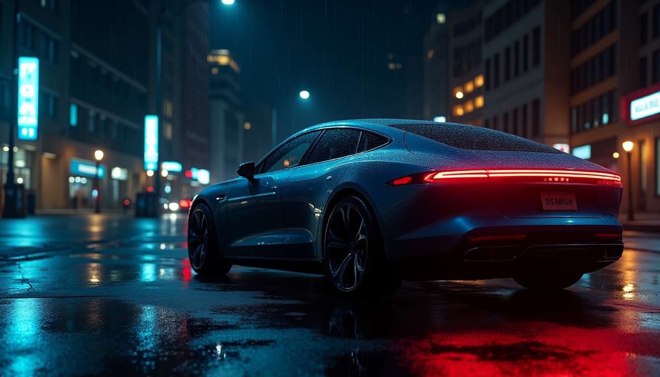 Moody cinematic still of a sleek electric vehicle under rainfall, neon reflections on wet pavement and deep shadows