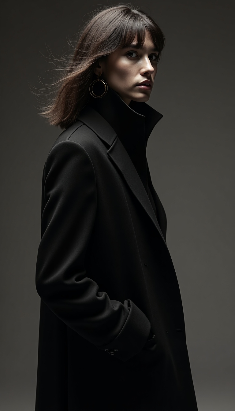 Elegant fashion portrait in low-key studio lighting, model wearing a tailored black coat with a soft spotlight