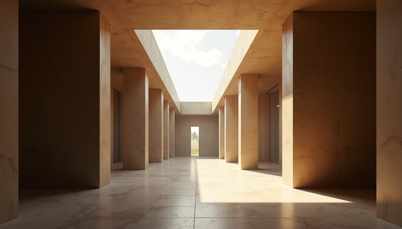 Minimalist architectural interior with dramatic skylight, warm stone textures, and strong geometric shadows